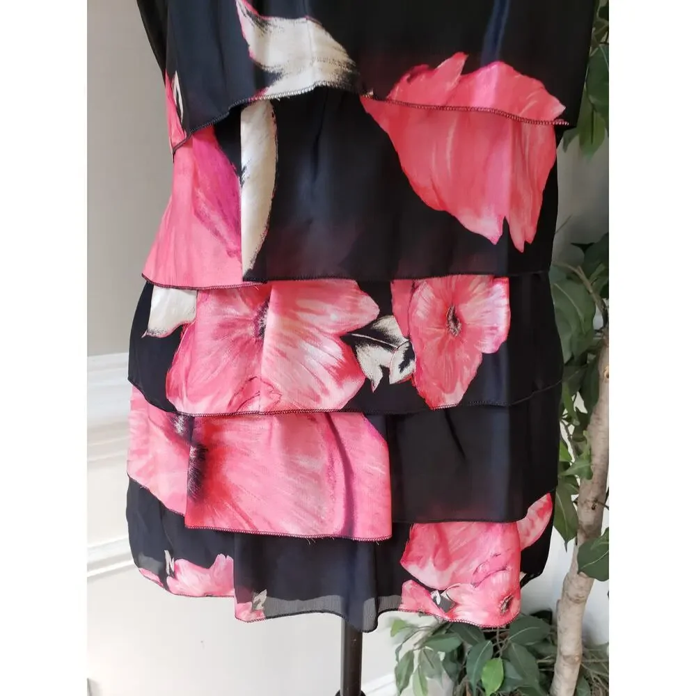 White House Black Market Tank Top Womens M Black Pink Floral Layered Scoop Neck - Picture 8 of 10